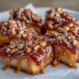 Sweet and crunchy candy apple slices topped with a rich peanut butter drizzle and crunchy roasted peanuts.  