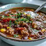 Flavorful Tex-Mex Taco Soup simmering with seasoned beef, tomatoes, and peppers in a savory broth.  