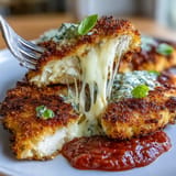 Juicy air-fried chicken cutlets coated in panko and Parmesan, topped with savory marinara and gooey melted cheese for a classic Italian-American dish.