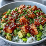 Fresh Hawaiian Salmon Poke Bowl, a vibrant mix of fish and veggies.
