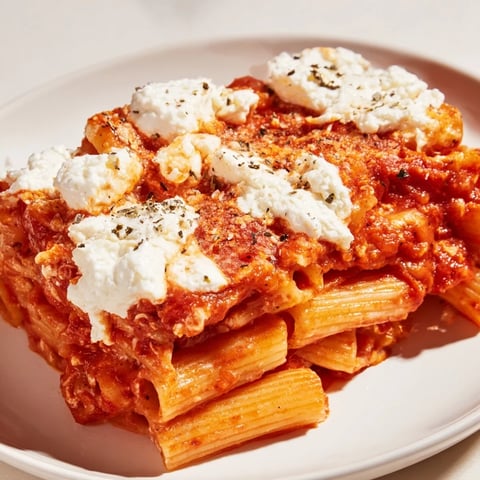 Steaming hot Slow Cooker Baked Ziti with bubbly mozzarella and ricotta, ready to serve with family.