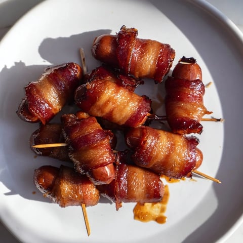 Crispy bacon-wrapped smokies with a glistening maple glaze; perfect for your next party.