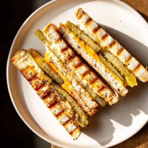 Golden-brown Spicy Pickle Grilled Cheese Dippers filled with melted cheese and crispy pickles.