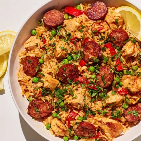Chicken and Chorizo Rice Skillet: a colorful, steaming skillet of savory rice, chicken, and chorizo, ready to serve!
