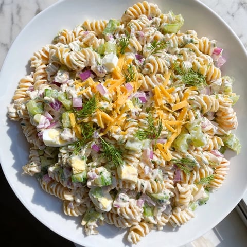 Creamy Dill Pickle Pasta Salad with crunchy pickles, perfect for a picnic spread.