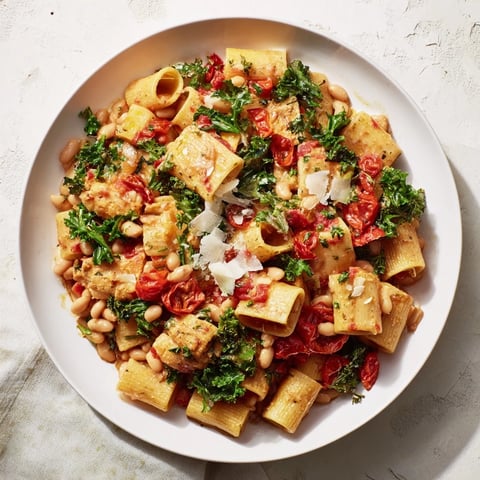 Steaming Healthy Tuscan White Bean & Kale Christmas Pasta, a delicious holiday vegetarian main dish.