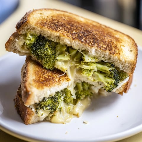 Golden air fryer broccoli cheddar stuffed grilled cheese with melted cheese oozing out, delightful textures.