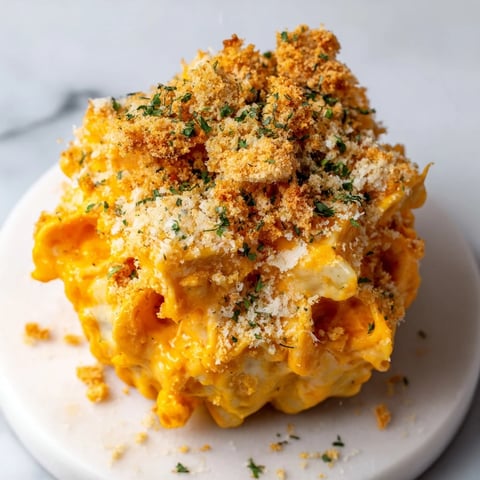 Golden-brown breadcrumb topping on a bubbling, creamy Lightened Mac & Cheese snowflake pasta bake.