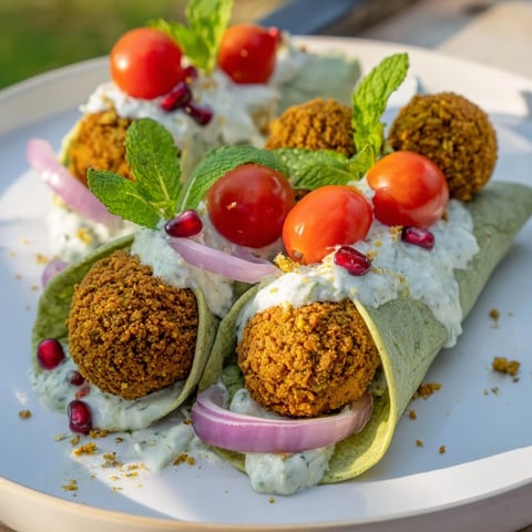 Festive Falafel & Tzatziki Christmas Wreath Wrap: A flavorful vegetarian holiday meal with golden falafel.