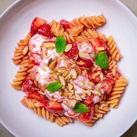 Sweet Strawberry Yogurt Pasta, a refreshing dish, served in a white bowl with fresh strawberry garnish.