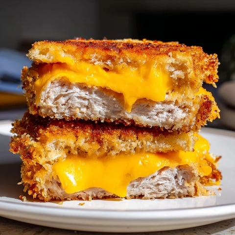 Golden-brown Crispy Panko Pork Chop Grilled Cheese with melted cheese oozing between toasted bread, a delicious American comfort food.