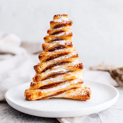 Golden, flaky Nutella Pastry Christmas Trees, perfect holiday dessert, sprinkled with powdered sugar and inviting warmth.