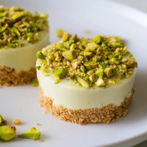 Golden light reveals chilled Pistachio Cheesecake Bites—a creamy and crunchy mini dessert delight.