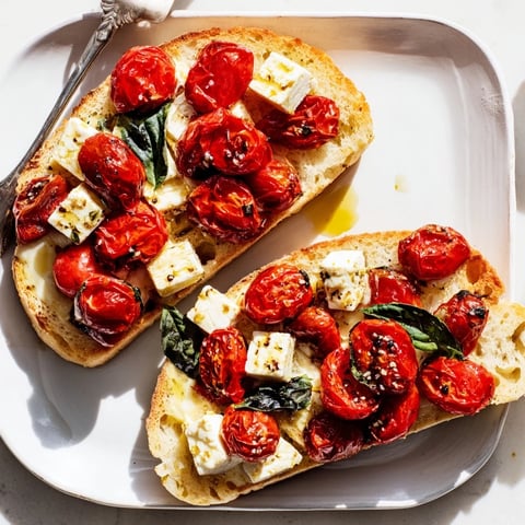 Creamy baked feta and roasted cherry tomatoes glisten on golden sourdough slices, topped with fresh basil for a vibrant Mediterranean snack.