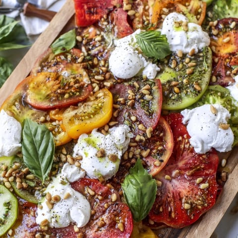Fresh heirloom tomatoes and creamy burrata cheese drizzled with fragrant basil oil, perfect for a vibrant Mediterranean appetizer.