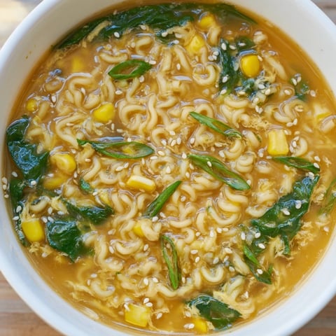 The finished Elevated Ramen Egg Drop Soup sits in a white bowl, showcasing silky egg ribbons, tender noodles, and bright green spinach.