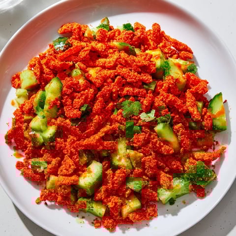 Bright orange Flamin Hot Cheeto salad with diced cucumbers, fresh cilantro, and zesty lime dressing, served in a rustic white bowl.