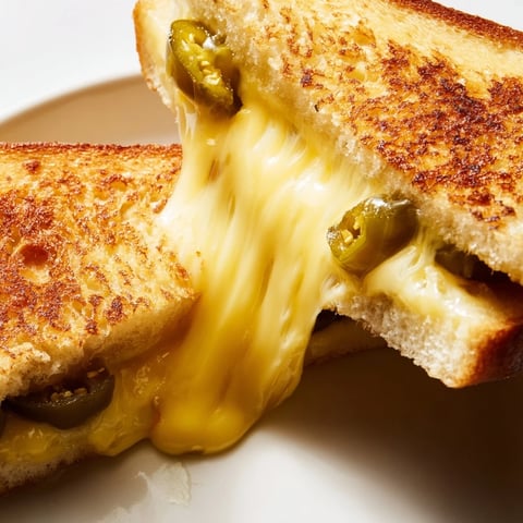 Golden-brown Cheddar Jalapeño Grilled Cheese oozing melted cheese with pickled jalapeños on buttery sourdough.