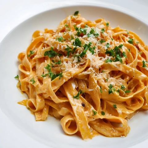 A close-up of creamy Sriracha Honey Pasta twirled on a fork, glistening with rich sauce and fresh parsley garnish.  