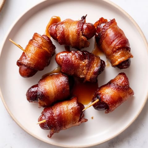 Maple syrup caramelizes on baked bacon-wrapped smokies, a delicious appetizer ready to serve.