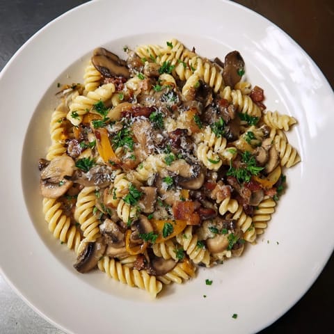 Fusilli with Bacon Onions Mushrooms