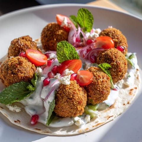 This vibrant Festive Falafel & Tzatziki Christmas Wreath Wrap shows a beautiful wreath of delicious flavors.