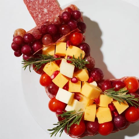 Festive Christmas Stocking Snack Tray arrangement, a delightful mix of cheeses and crackers ready to enjoy.