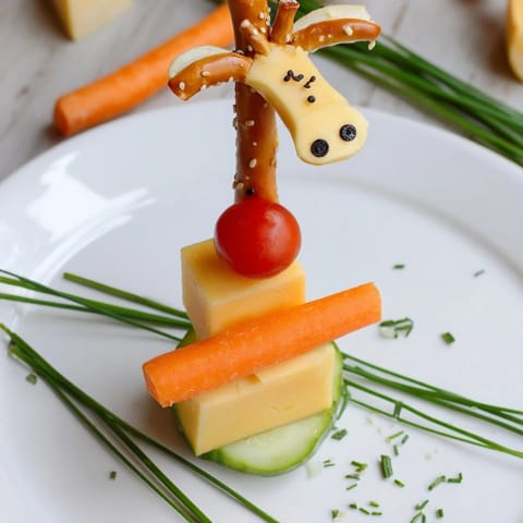 Vibrant Long-Necked Giraffe Snack Towers with apple ears and sesame seed spots; a fun party treat.