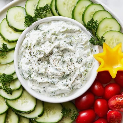 Creamy dip in the center of a Cucumber and Tomato Tree, garnished with fresh herbs alongside.