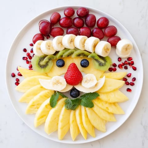 This festive Santa Fruit Platter showcases a pineapple beard, apple hat, and berry face; delicious and easy.