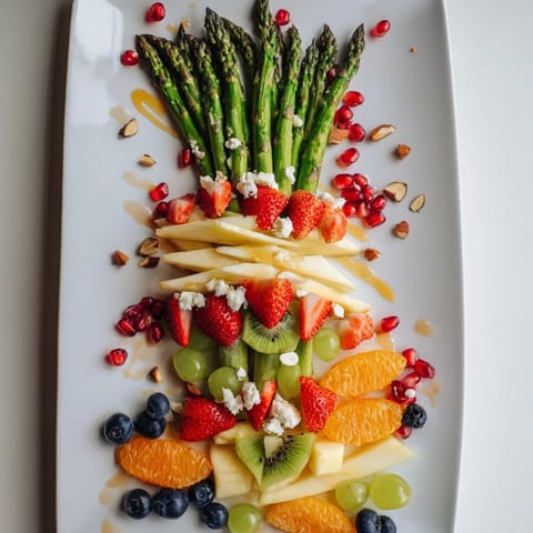 This Asparagus Stem Floral Fruit Board is a beautiful appetizer, showcasing seasonal fruits surrounding tender asparagus.