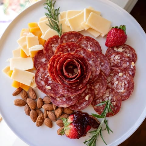 This Easy Charcuterie board showcases a vibrant salami rose surrounded by delicious snacks, perfect for one.