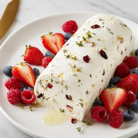 This vibrant photo displays a refreshing cranberry & goat cheese log, ready to be enjoyed with fresh berries.