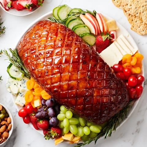 A close-up of a festive glazed ham centerpiece board showcasing various colorful, delicious snacks.