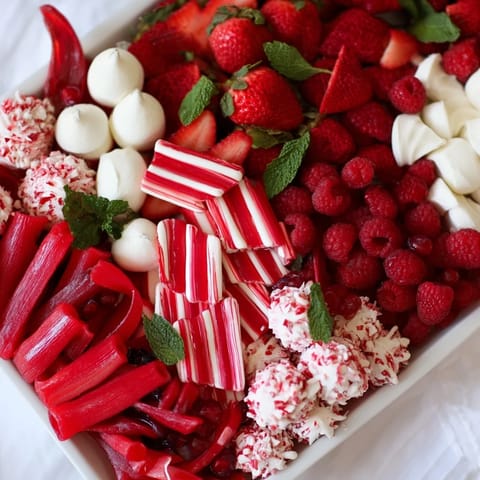 A beautiful Candy Cane Striped Platter with fresh fruit and sweet treats, ready to serve guests.