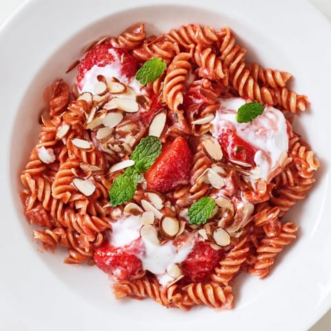 This Sweet Strawberry Yogurt Pasta features vibrant red strawberries and creamy yogurt over tender pasta noodles.