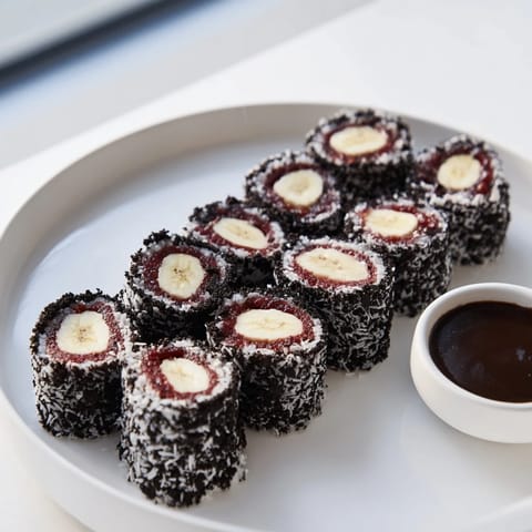 Close-up of Oreo Cookie Sushi Rolls, ready to enjoy with a dark chocolate soy dipping sauce.