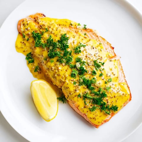 Flaky Honey Mustard Salmon, coated in a sweet and savory sauce, served with fresh parsley garnish.