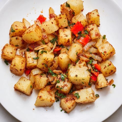 Perfectly browned Air Fryer Breakfast Potatoes, with visible spices and bits of pepper, ready for your plate.