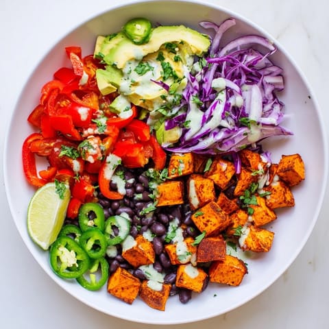 Savory Sweet Potato Taco Bowls showcasing roasted sweet potatoes and fresh toppings, ready to eat.