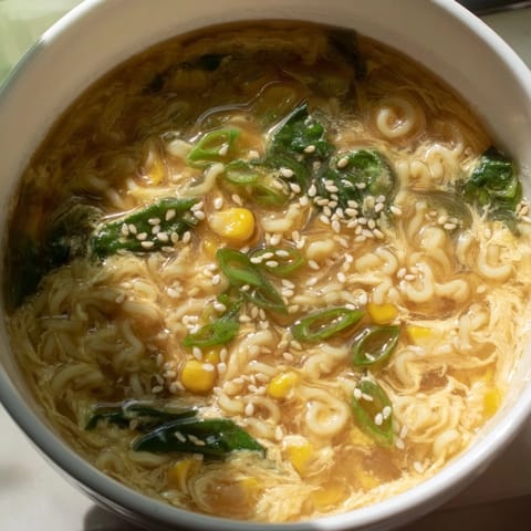 A steaming bowl of creamy Elevated Ramen Egg Drop Soup garnished with sliced scallions, toasted sesame seeds, and fresh corn kernels.