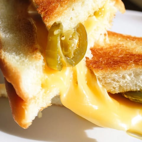 Sizzling Cheddar Jalapeño Grilled Cheese in a skillet, paired with a bowl of tomato soup.