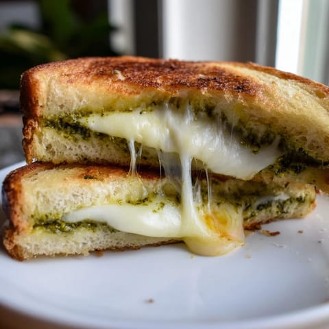 A close-up shot shows the savory sourdough pesto grilled cheese sliced in half, revealing layers of basil pesto and stretchy mozzarella.  