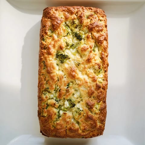 Golden-brown broccoli and feta loaf cooling on a wire rack, with a slice cut to reveal fluffy crumbs and melted feta pockets.