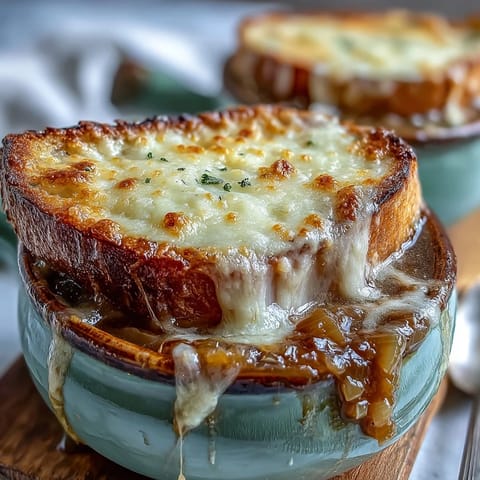 Golden French Onion Soup bubbling in a broiler-safe bowl with melted Gruyère and a toasted bread slice.
