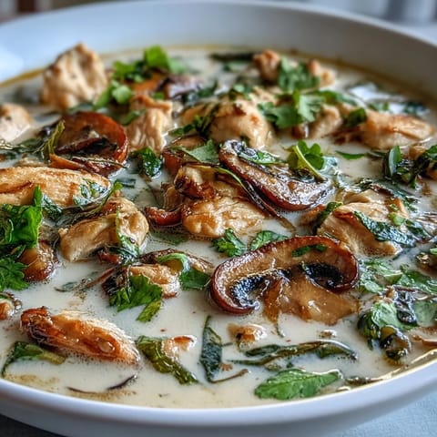 Fragrant Authentic Tom Kha Gai broth infused with galangal and lemongrass aromatics.