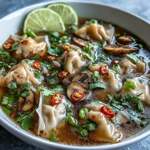 A close-up of Tom Yum Wonton Soup reveals aromatic lemongrass, kaffir lime leaves, and chili oil garnish.