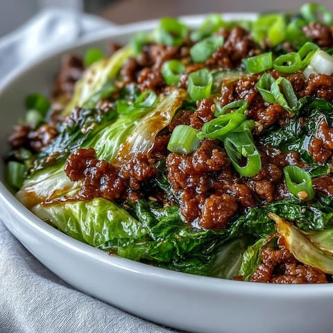 A close-up of Chinese Ground Beef and Cabbage Stir-Fry, featuring saucy beef crumbles and vibrant green cabbage. 