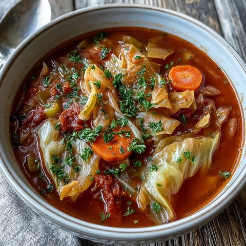 Hearty Classic Cabbage Soup served in a white ceramic bowl, garnished with fresh parsley and a spoon.