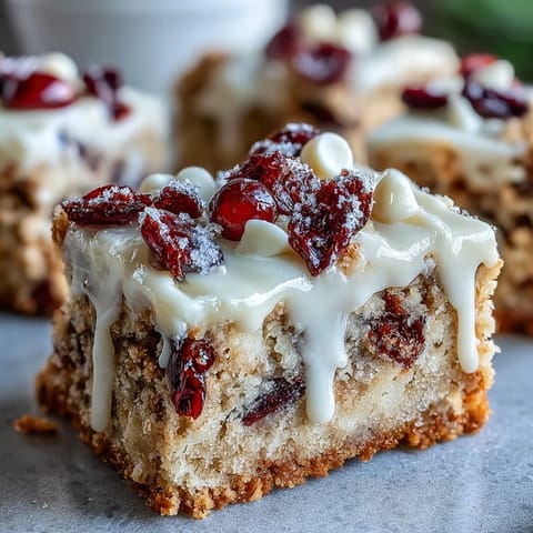 These easy homemade Cranberry Bliss Bars feature creamy frosting, cranberries, and white chocolate for a festive treat.